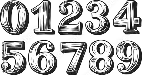 Hand Drawn Black And White Numbers Zero To Nine With Textured Shading And Outline digits