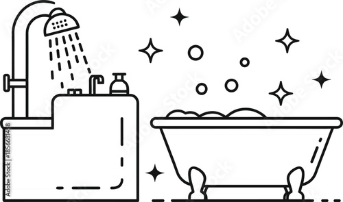 Line Art Illustration Of A Shower And Bathtub With Bubbles And Stars Keywords: shower, bathtub, bathroom, cleaning, hygiene