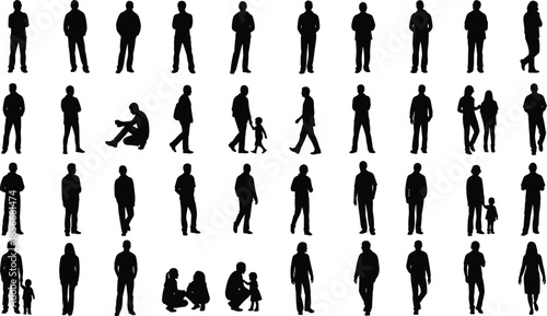 Human silhouettes collection, people group illustration, social interaction concept, family figures, walking, sitting, standing, communication, diversity, community, lifestyle, design,
