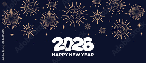 Festive Happy New Year 2026 background with golden fireworks and elegant white 2026 typography on a dark blue night sky, ideal for greeting cards, banners, invitations and holiday marketing designs.