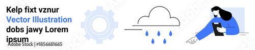 Technology, weather forecasting, data analysis, innovation, digital tools, cloud computing. Gear icon, cloud with raindrops woman with tablet. Technology and weather forecasting concept