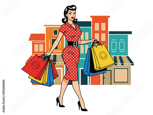 Pop art pin up girl holding shopping bags on city street, modern vector illustration with solid colors, ideal for fashion and retail designs