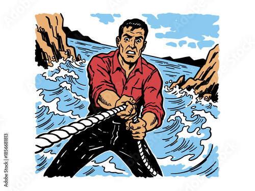 Retro Comic Art: Strong Man Pulling Rope Against Raging Waves. Vintage Illustration of Struggle, Strength, and Crisis.