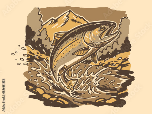 Vintage Trout Jumping Out of Water Illustration | Retro Woodcut Style Fishing & River Wilderness Vector Design