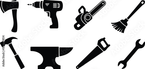 Set of black silhouette icons of various tools and workshop equipment construction
