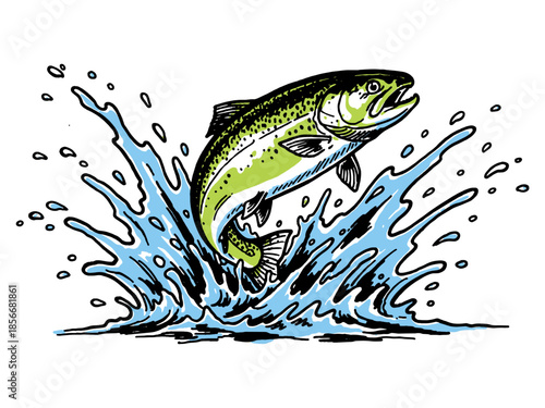 Hand-Drawn Trout or Salmon Jumping Out of Water Splash Illustration. Dynamic Sport Fishing Graphic Mascot Sketch.