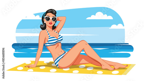 Pop art pin up girl lounging on beach towel with sunglasses, modern vector illustration in solid colors, ideal for summer and travel designs