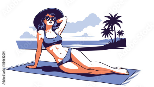 Pop art pin up girl lounging on beach towel with sunglasses, modern vector illustration in solid colors, ideal for summer and travel designs
