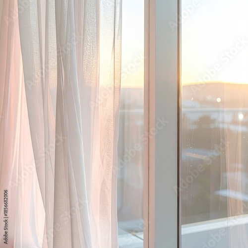 Sheer curtains billowing gently, bathed in warm sunlight streaming through a window.  A view of cityscapes beyond