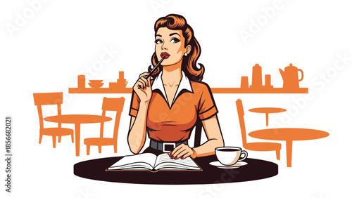 Pop art pin up girl writing in notebook at café table, modern vector illustration with solid colors, ideal for creative lifestyle content