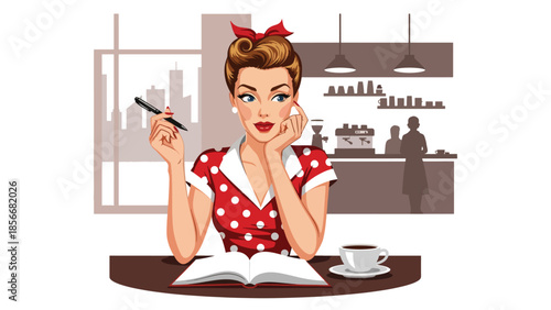Pop art pin up girl writing in notebook at café table, modern vector illustration with solid colors, ideal for creative lifestyle content