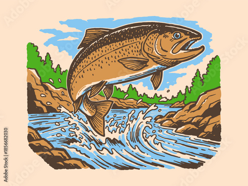 Vintage Brown Trout Jumping Out of Rushing River Illustration. Retro Fly Fishing Vector Graphic for Outdoor Adventure and Wildlife Design.