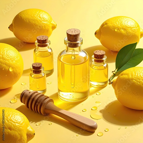 Lemon oil in small bottles, surrounded by lemons and honey dipper
