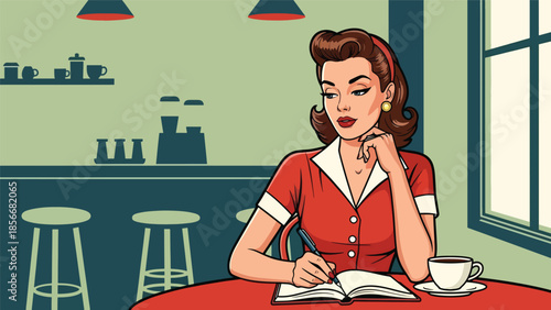 Pop art pin up girl writing in notebook at café table, modern vector illustration with solid colors, ideal for creative lifestyle content