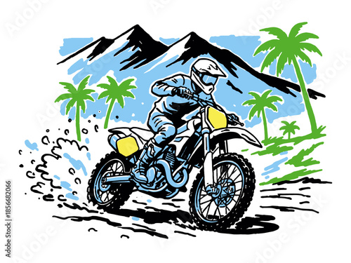Tropical Enduro Race Graphic: Dirt Bike Rider Kicking Up Spray on an Adventure Trail with Palm Trees and Mountain Peaks.