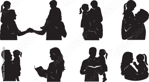 Silhouettes of loving parents with children in tender moments
