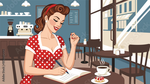 Pop art pin up girl writing in notebook at café table, modern vector illustration with solid colors, ideal for creative lifestyle content