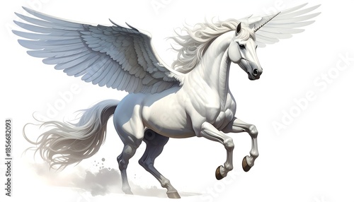 Graceful white equine with a single horn and expansive feathered wings