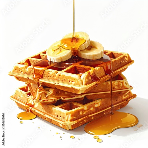 Stack of golden waffles drizzled with syrup, topped with sliced bananas