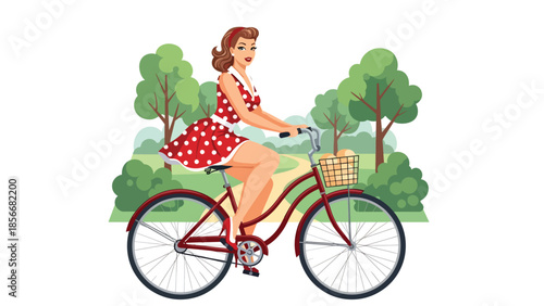 Pop art pin up girl riding bicycle in park, playful modern vector illustration with solid colors, ideal for outdoor and fitness designs