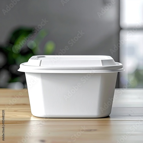 White food container with lid on wooden table