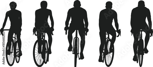 Silhouettes of cyclists riding bicycles from different angles on a white background cycling bike