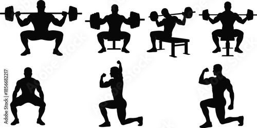 Silhouettes of men and women performing various weightlifting and squat exercises with barbells fitness