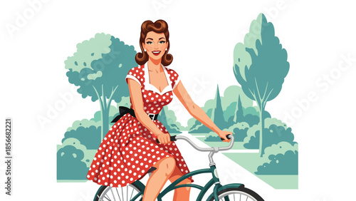 Pop art pin up girl riding bicycle in park, playful modern vector illustration with solid colors, ideal for outdoor and fitness designs