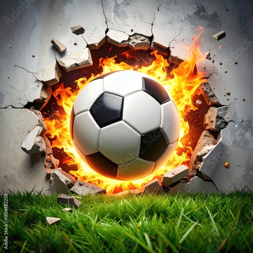 Soccer ball bursts through a wall of concrete, engulfed in flames