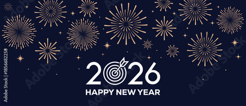 Festive Happy New Year 2026 background with golden fireworks and elegant white 2026 typography on a dark blue night sky, ideal for greeting cards, banners, invitations and holiday marketing designs.