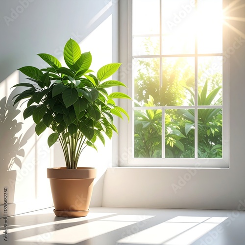 Sunlight streams into a room, highlighting a potted plant by a window