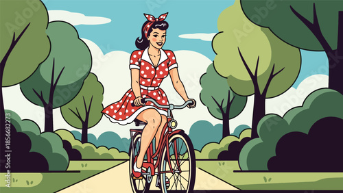 Pop art pin up girl riding bicycle in park, playful modern vector illustration with solid colors, ideal for outdoor and fitness designs