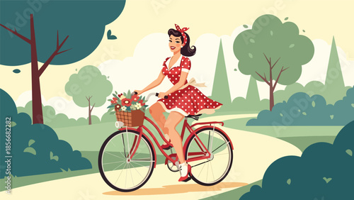 Pop art pin up girl riding bicycle in park, playful modern vector illustration with solid colors, ideal for outdoor and fitness designs