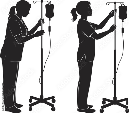 Silhouettes of Nurses Adjusting IV Drip Stands on White Background medical healthcare