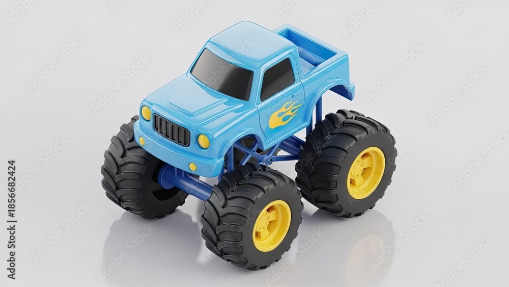 Fototapeta premium Vibrant Blue Monster Truck Toy with Large Wheels and Flame Decals on White