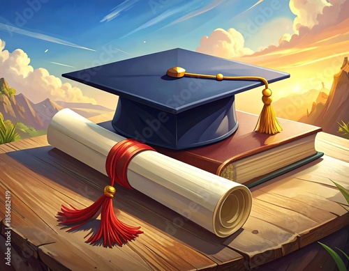 Graduation cap, diploma, and book set on wood with landscape
