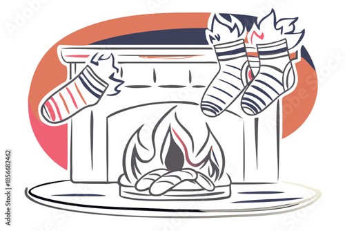 Socks hanging over fireplace with flames in cozy holiday setting  