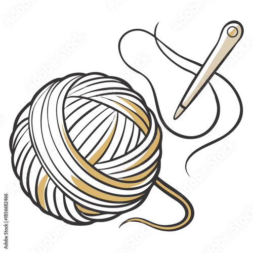 Yarn ball and needle with thread in minimalist line art style  