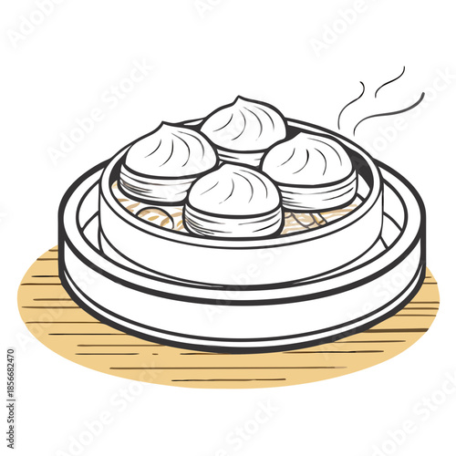 Steamed dumplings in bamboo steamer on wooden surface  