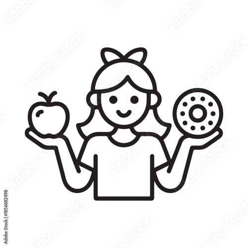 A girl contemplates a healthy apple versus a tempting sugary donut