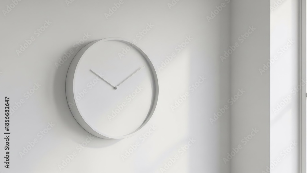 Fototapeta premium Minimalist white wall clock on a pristine white wall, gently illuminated by natural sunlight, creating subtle shadows and a serene modern aesthetic