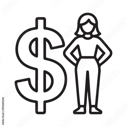 Woman standing confidently beside a large dollar sign in a line art style