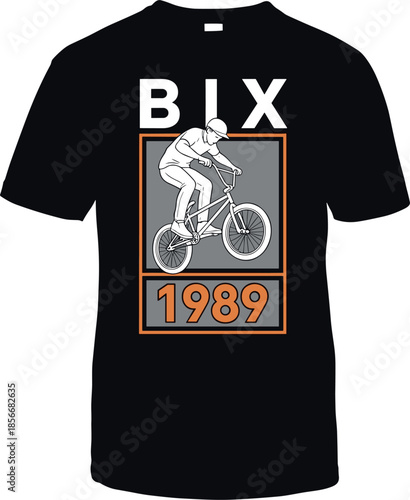 Title Vintage style BMX bike rider t-shirt design with cyclist silhouette text and 1989 date in orange gray and black colors for extreme sports apparel