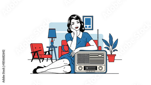 Pop art pin up girl listening to radio at home, relaxed modern vector illustration with solid colors, ideal for retro lifestyle designs