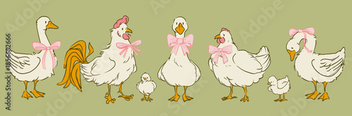Cottagecore goose and chicken illustration with pink bows - charming farm birds wearing decorative ribbon bows. Cute poultry characters in whimsical vintage doodle style for spring nursery design.