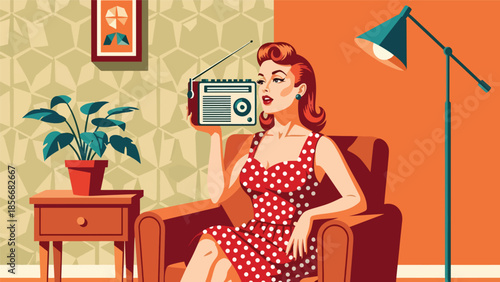 Pop art pin up girl listening to radio at home, relaxed modern vector illustration with solid colors, ideal for retro lifestyle designs