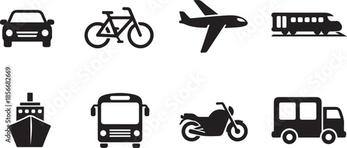 Various transportation modes in black silhouette icons