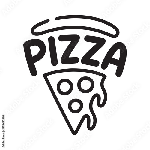 A simple black and white illustration of a pizza slice with the word pizza