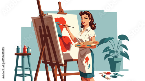 Pop art pin up girl painting on canvas in art studio, creative modern vector illustration with solid colors, ideal for art and hobby themes