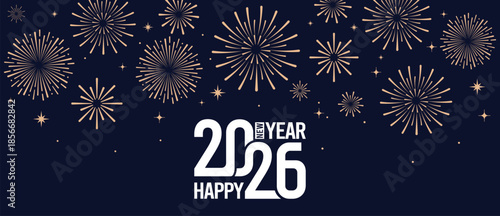 Festive Happy New Year 2026 background with golden fireworks and elegant white 2026 typography on a dark blue night sky, ideal for greeting cards, banners, invitations and holiday marketing designs.